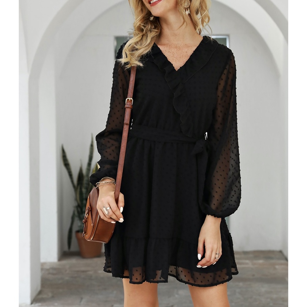 Black Swiss Dot Sheer Sleeves Ruffle Belted Dress - Picture 5 of 10